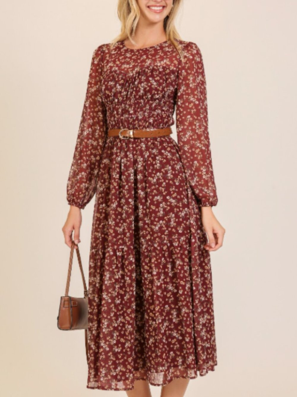Smocked Chiffon Floral Midi Dress by Lumiere